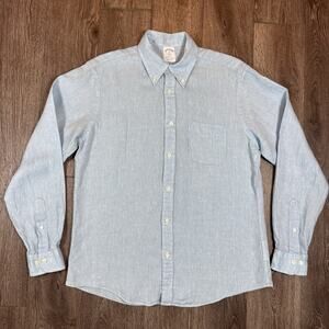 Brooks Brothers Regent Fit Mens M Blue 100% Linen Button Down Shirt Long Sleeve
